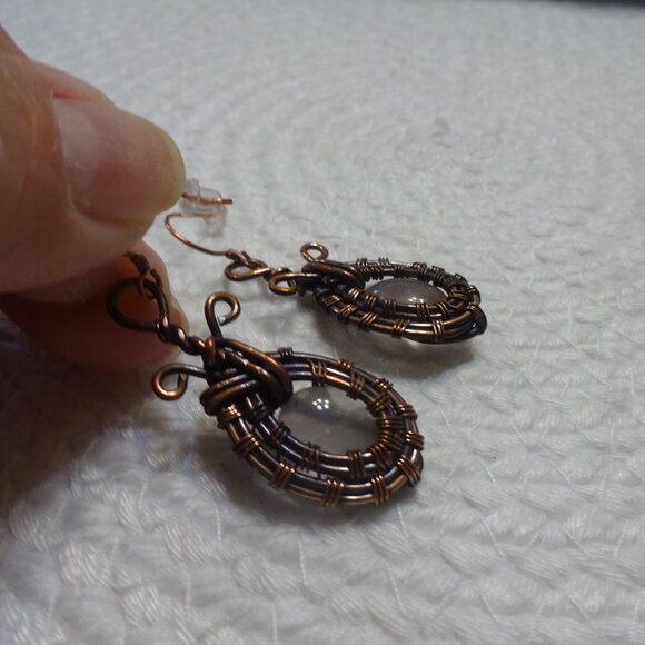 Rustic ROSE QUARTZ Handmade Copper Wire-Wrapped Dangle Earrings #851C - Picture 3 of 3